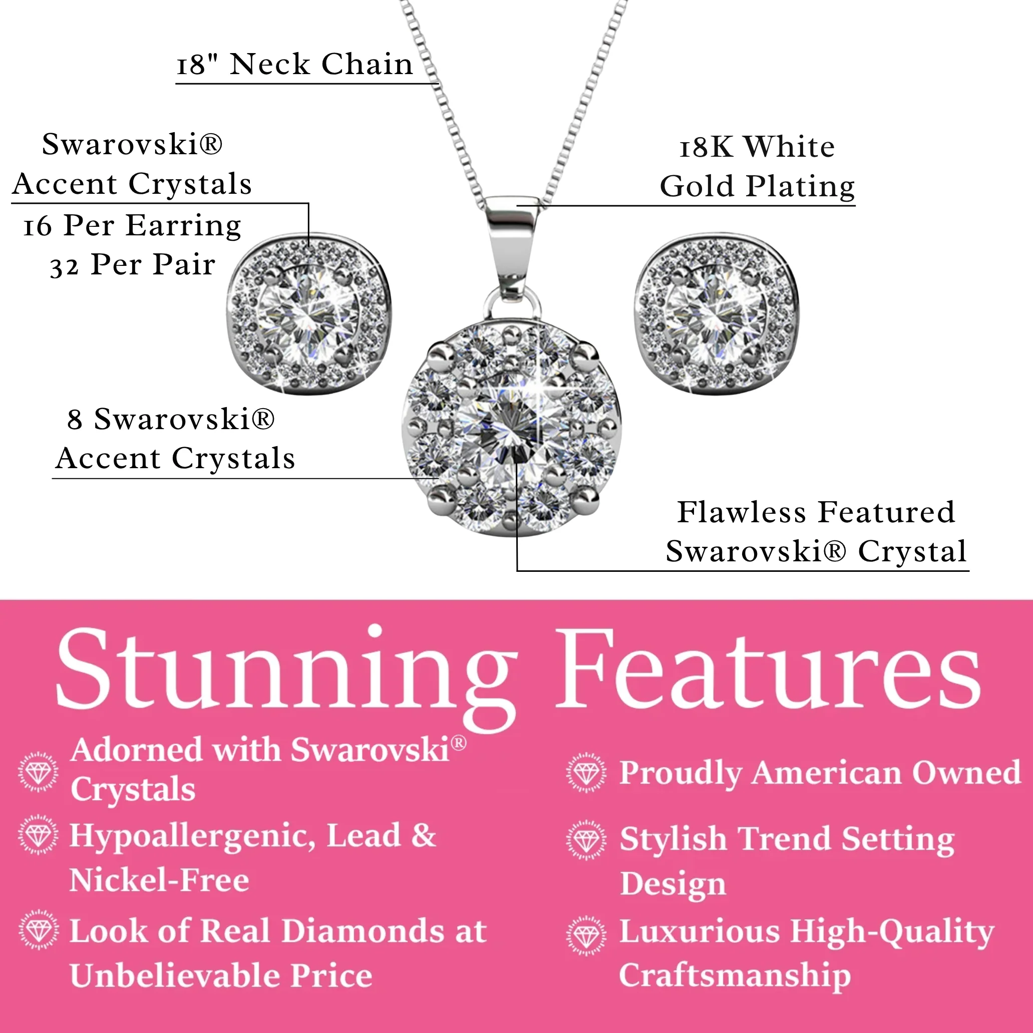 Ruth 18k White Gold Plated Stud Earrings and Necklace Jewelry Set with Swarovski Crystals - Image 3