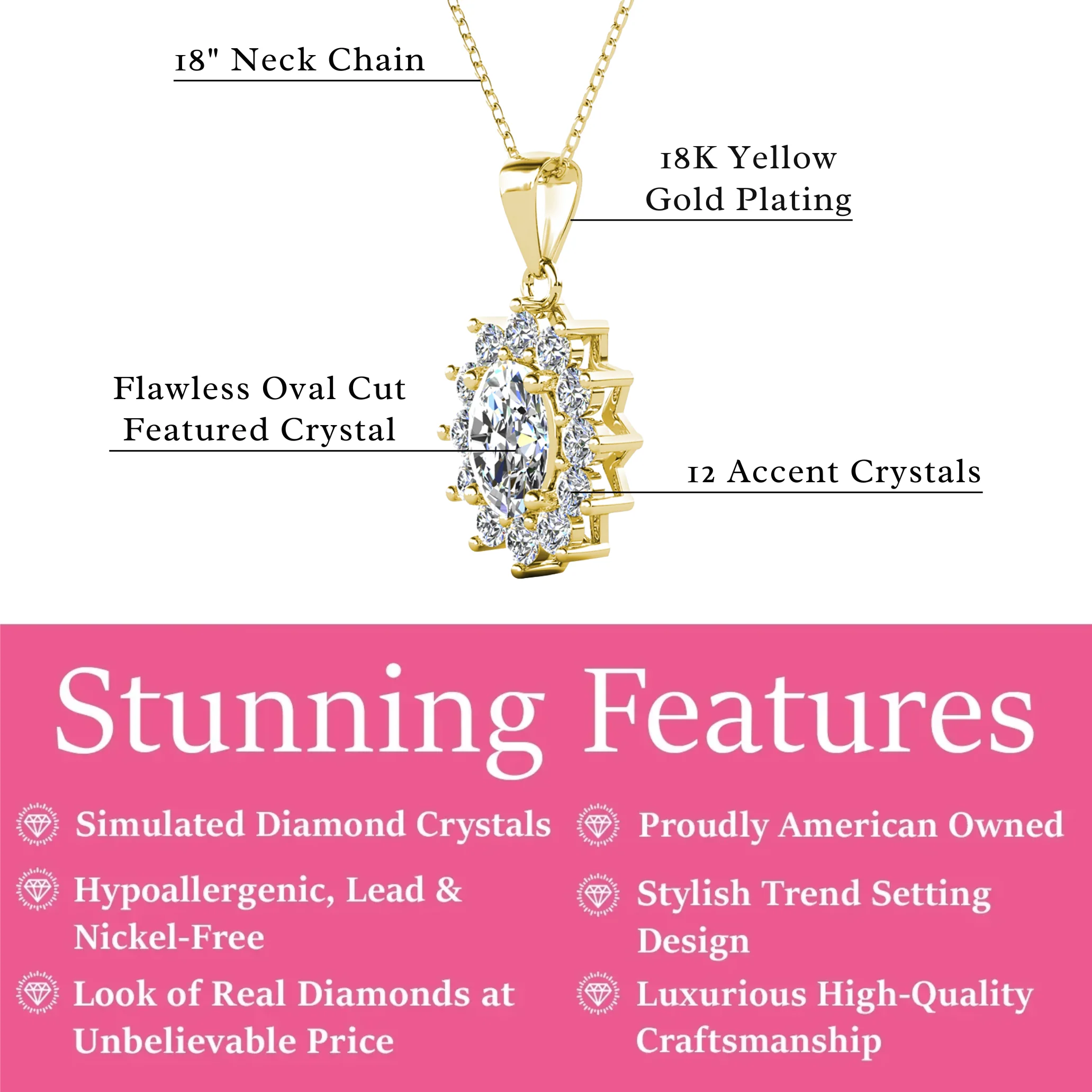 Sage 18k White Gold Plated Pendant Necklace with Oval Cut Simulated Diamond Crystals - Image 10