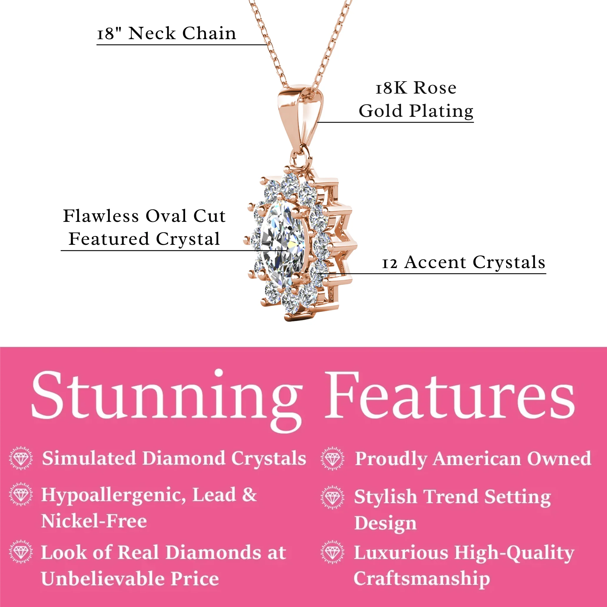 Sage 18k White Gold Plated Pendant Necklace with Oval Cut Simulated Diamond Crystals - Image 12