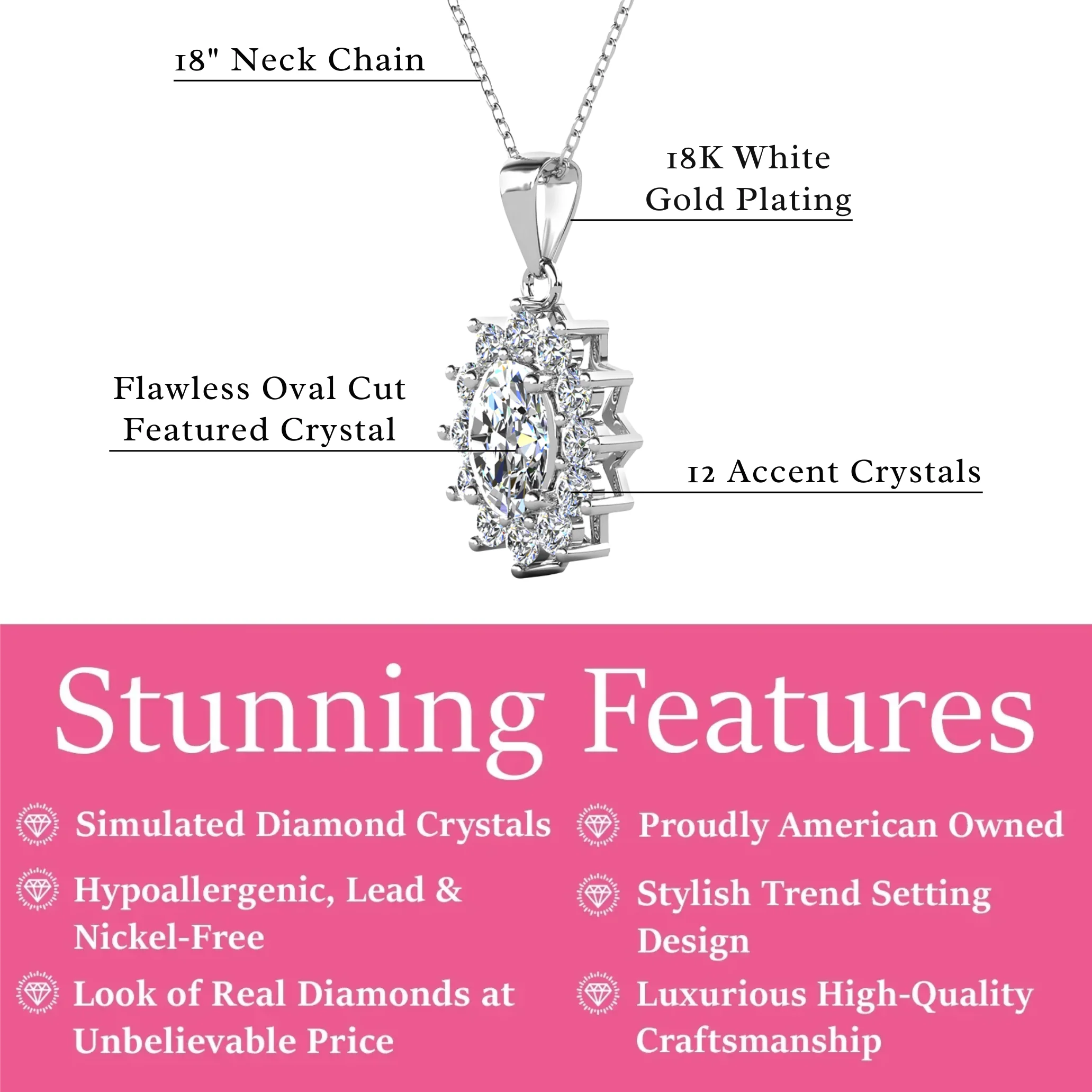 Sage 18k White Gold Plated Pendant Necklace with Oval Cut Simulated Diamond Crystals - Image 3
