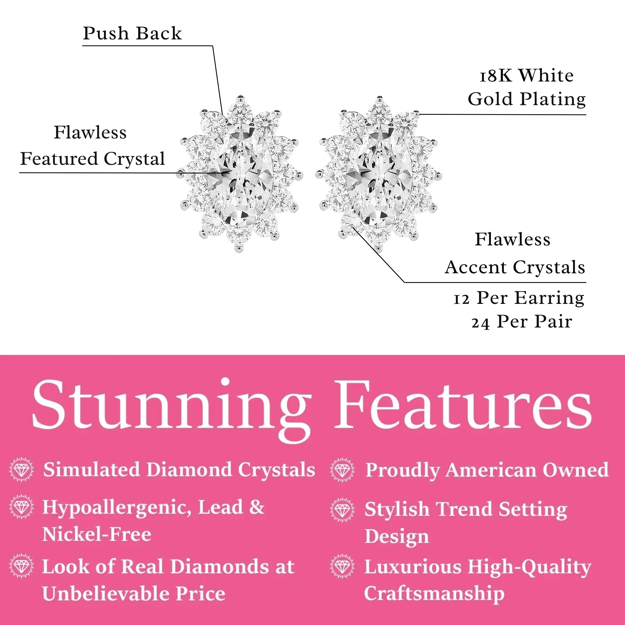 Sage 18k White Gold Plated Stud Earrings with Oval Cut Simulated Diamond Crystals - Image 3