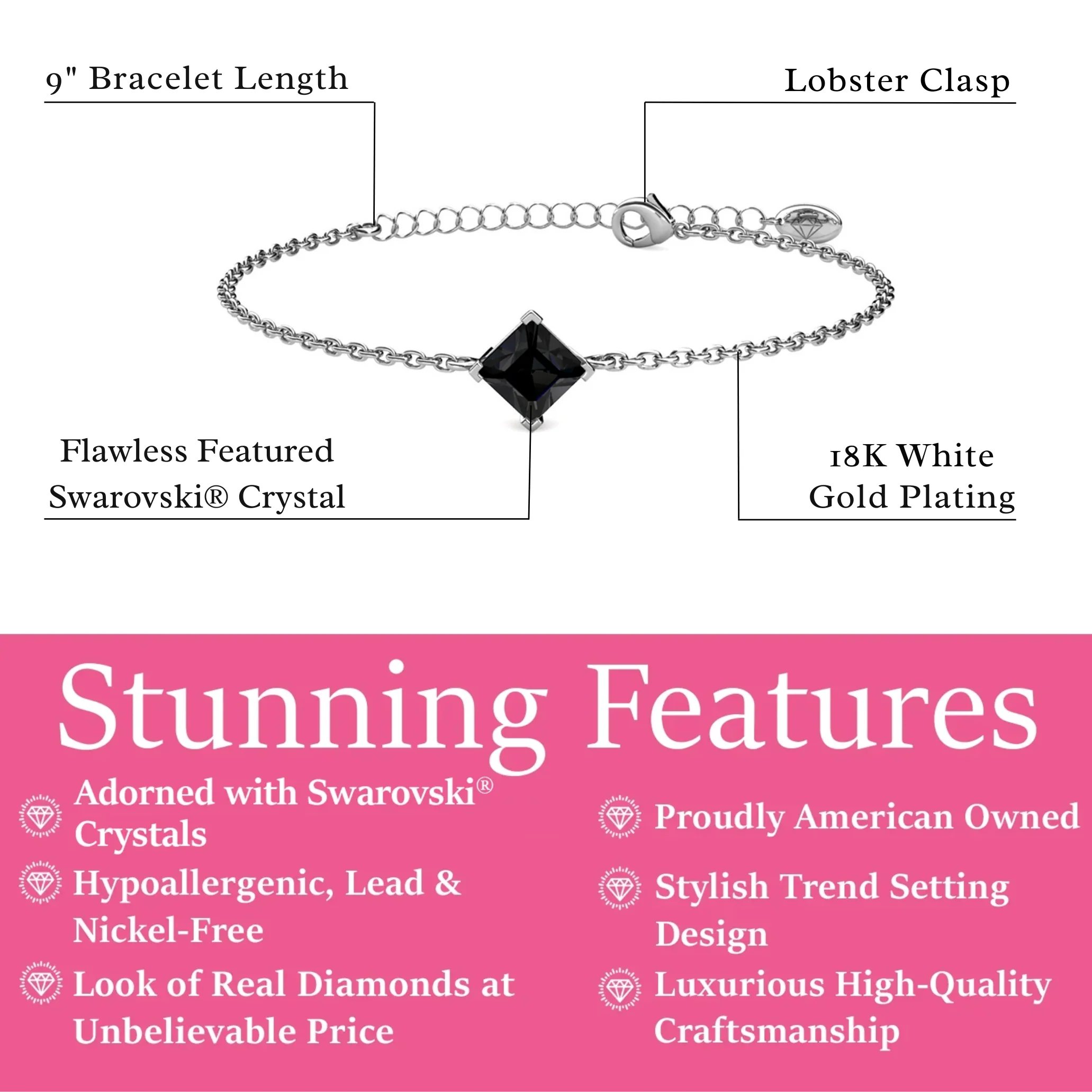 Samantha 18k White Gold Plated Bracelet with Black Swarovski Crystal - Image 3