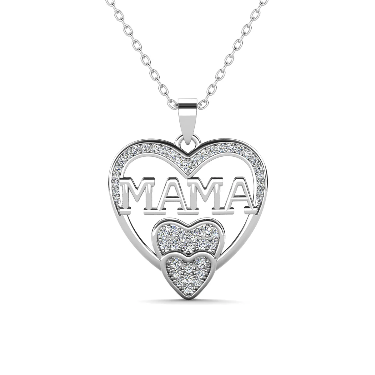 Selena 18k White Gold Plated Mama Heart Pendant Necklace with Simulated Diamond Crystals