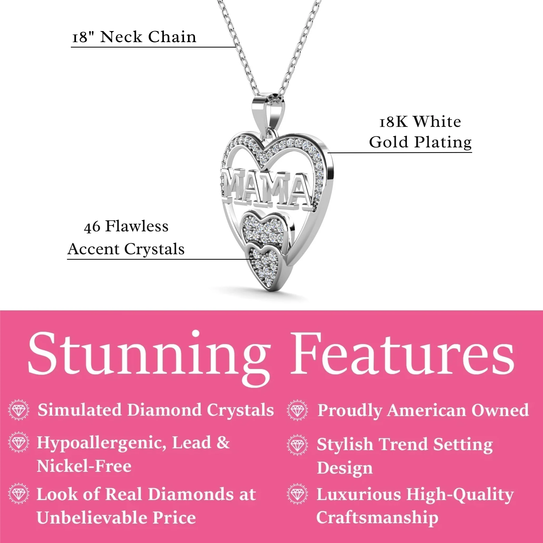 Selena 18k White Gold Plated Mama Heart Pendant Necklace with Simulated Diamond Crystals - Image 3