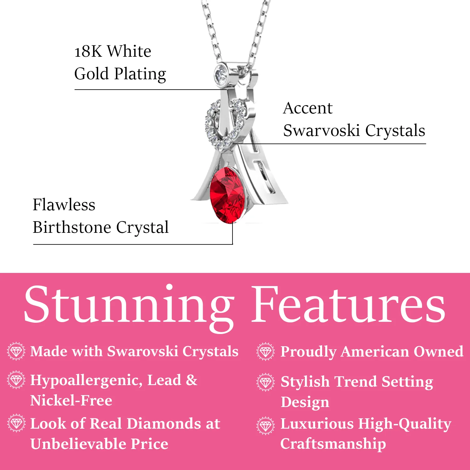 Serenity July Birthstone Ruby Necklace 18k White Gold Plated Silver Necklace with Round Cut Swarovski Crystals - Image 2