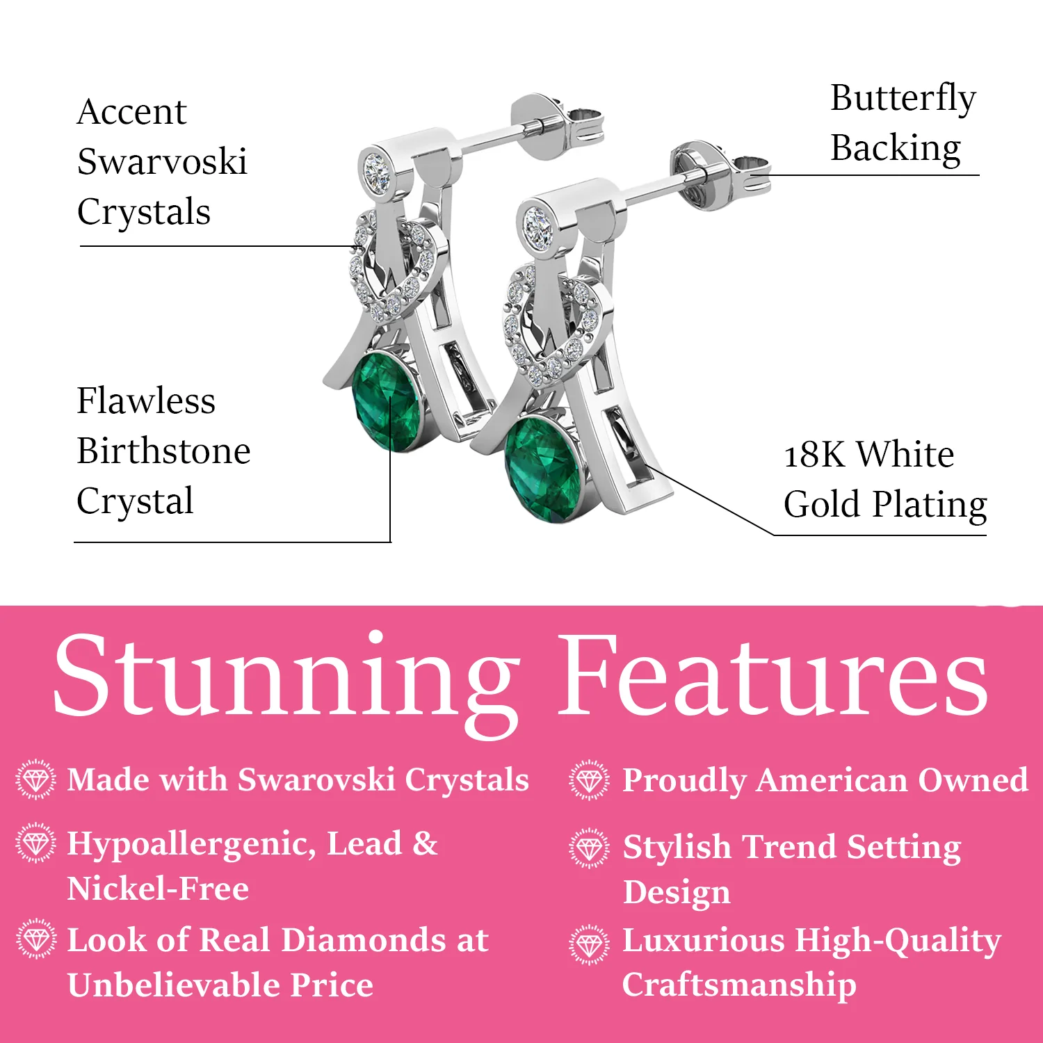 Serenity Birthstone 18k White Gold Plated Drop Earrings with Round Cut Swarovski Crystals - Image 18