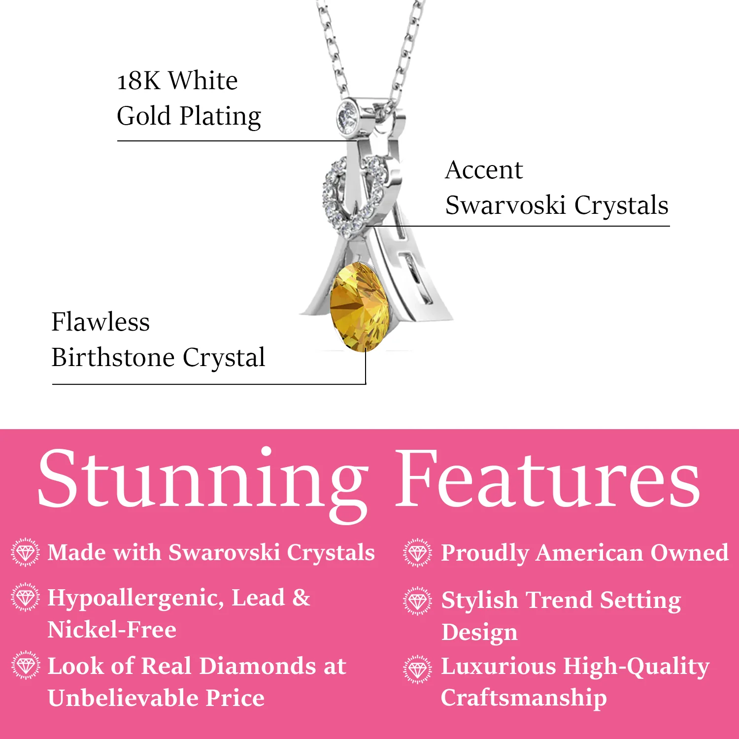 Serenity November Birthstone Citrine Necklace 18k White Gold Plated Silver Necklace with Round Cut Swarovski Crystals - Image 3