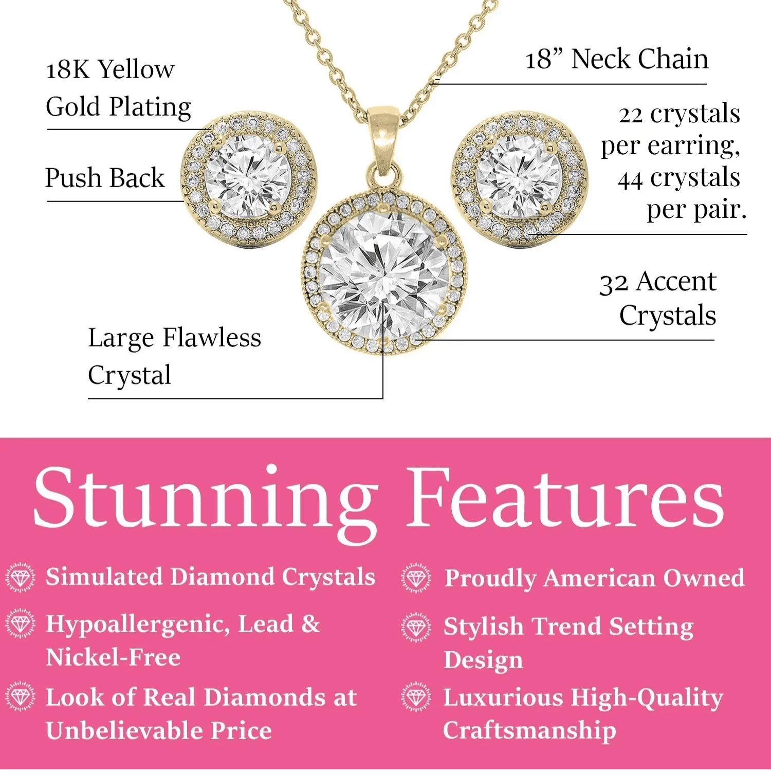 Sophia 18k White Gold Plated Halo Stud Earring and Necklace Jewelry Set with Simulated Diamond Crystals - Image 8
