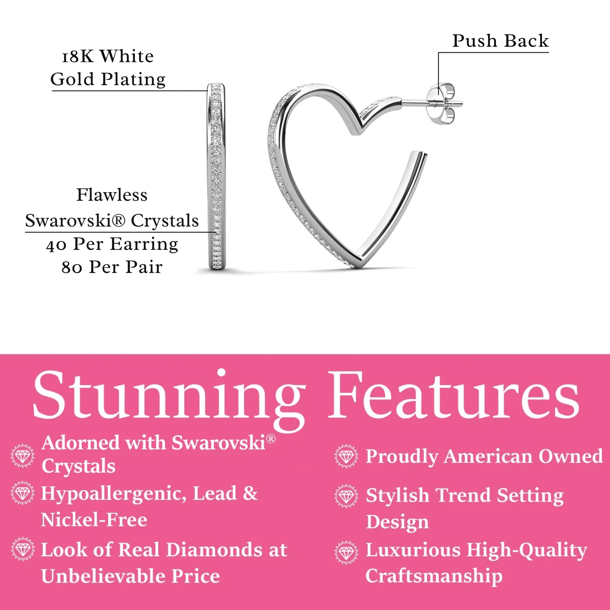 Sylvia 18k White Gold Plated 25mm Heart Hoop Earrings with Swarovski Crystals - Image 11