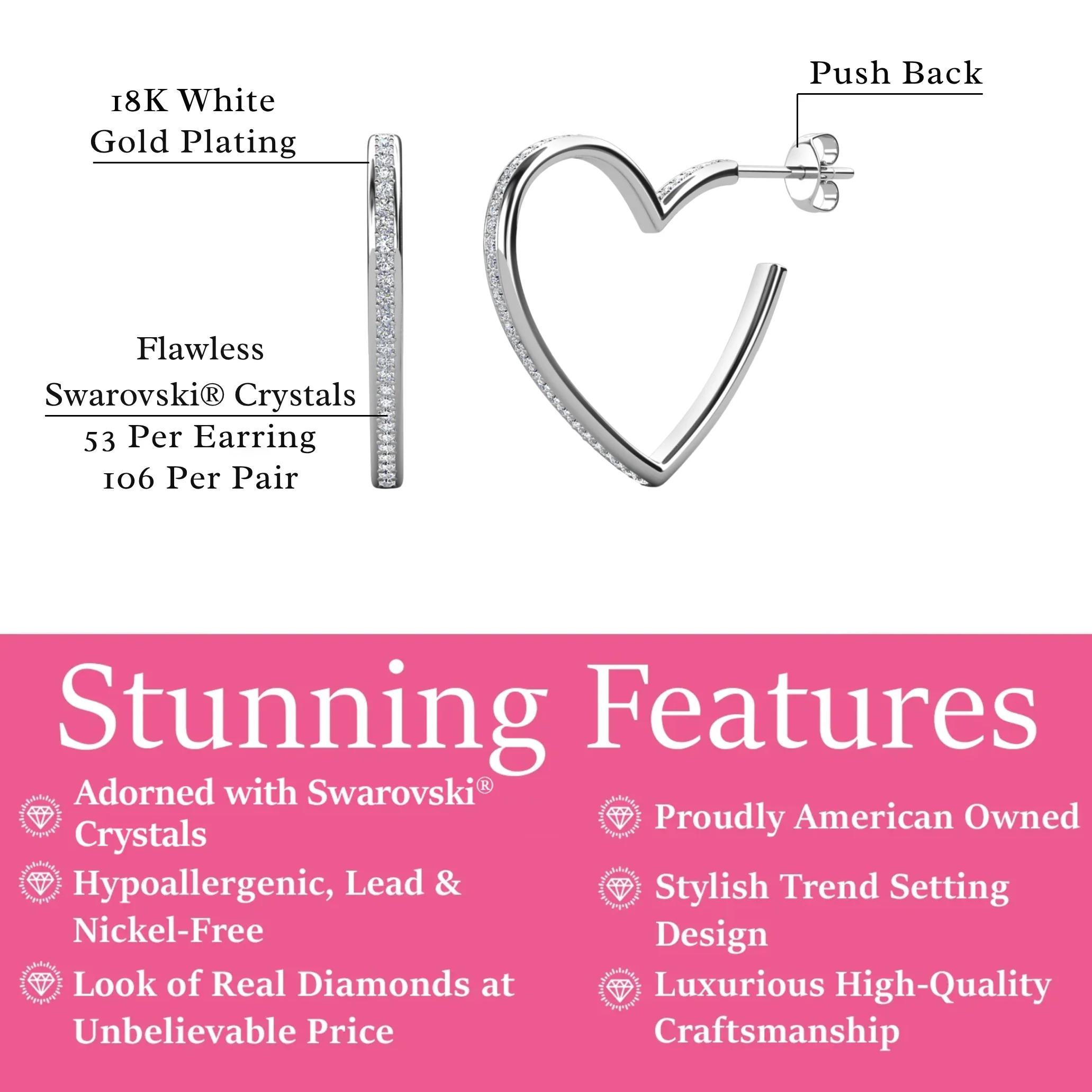 Sylvia 18k White Gold Plated 25mm Heart Hoop Earrings with Swarovski Crystals - Image 3