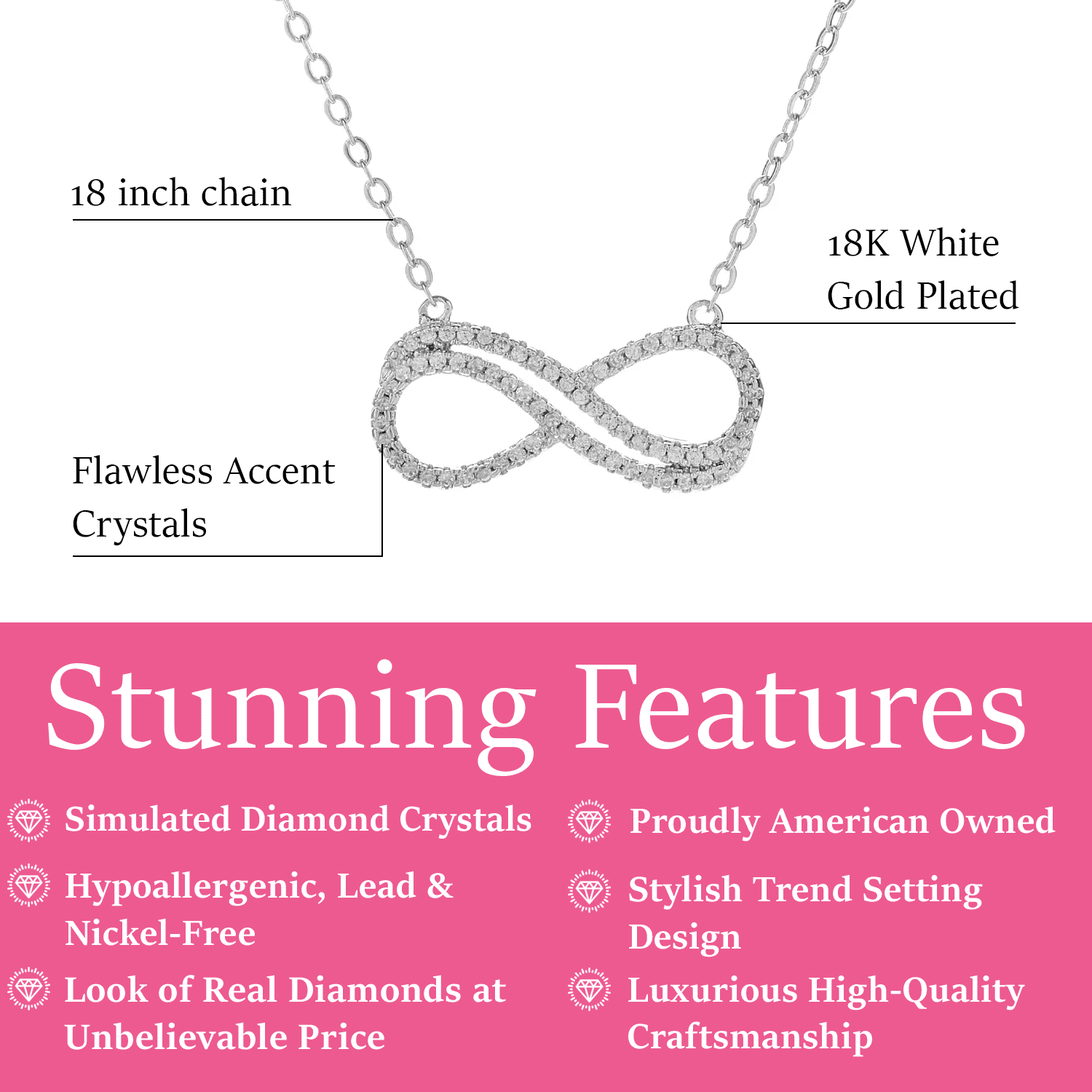 Tansy 18k White Gold Plated Infinity Pendant Necklace with Simulated Diamond Crystals - Image 3
