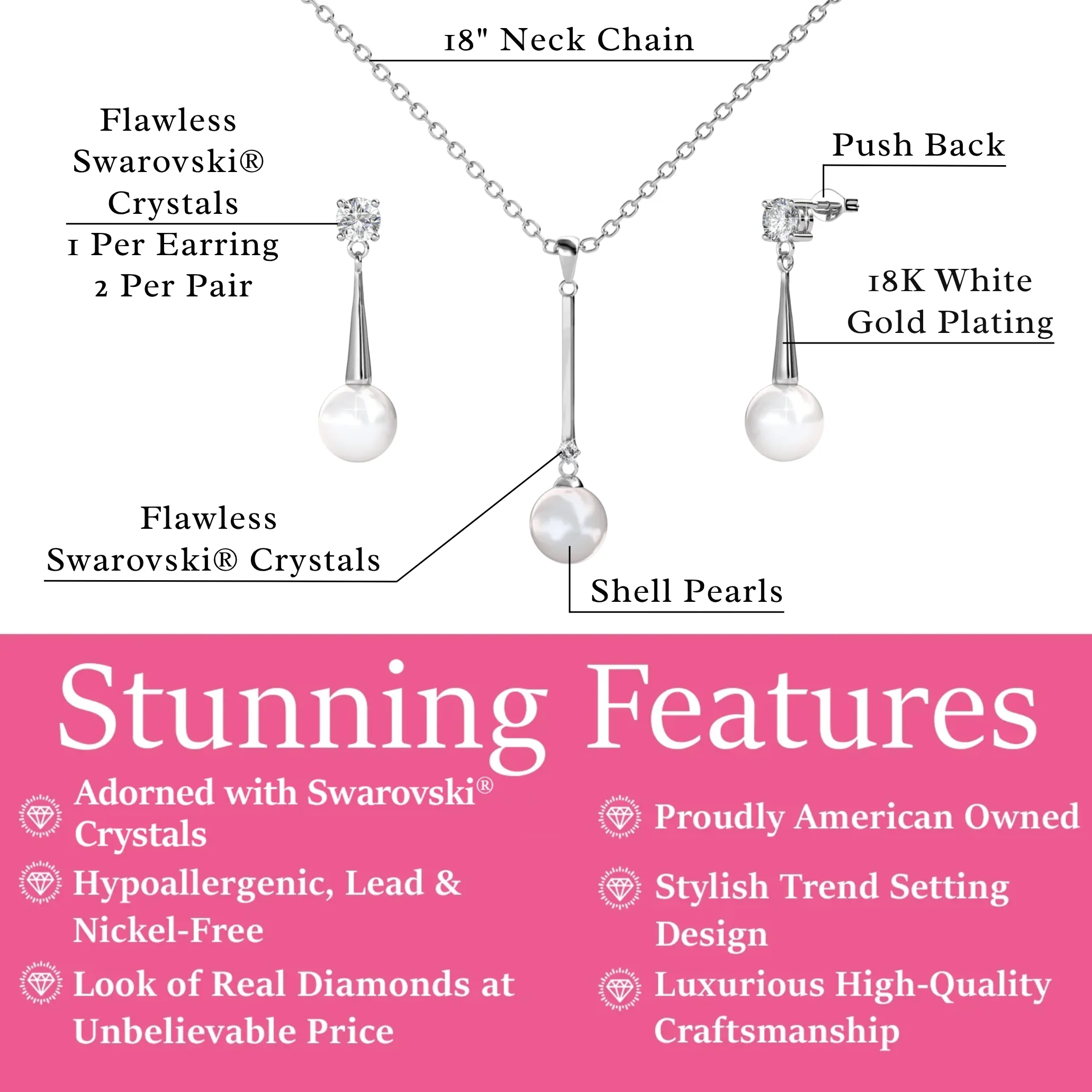 Tatum 18k White Gold Plated Pearl Necklace and Dangle Earrings Jewelry Set with Swarovski Crystals - Image 3