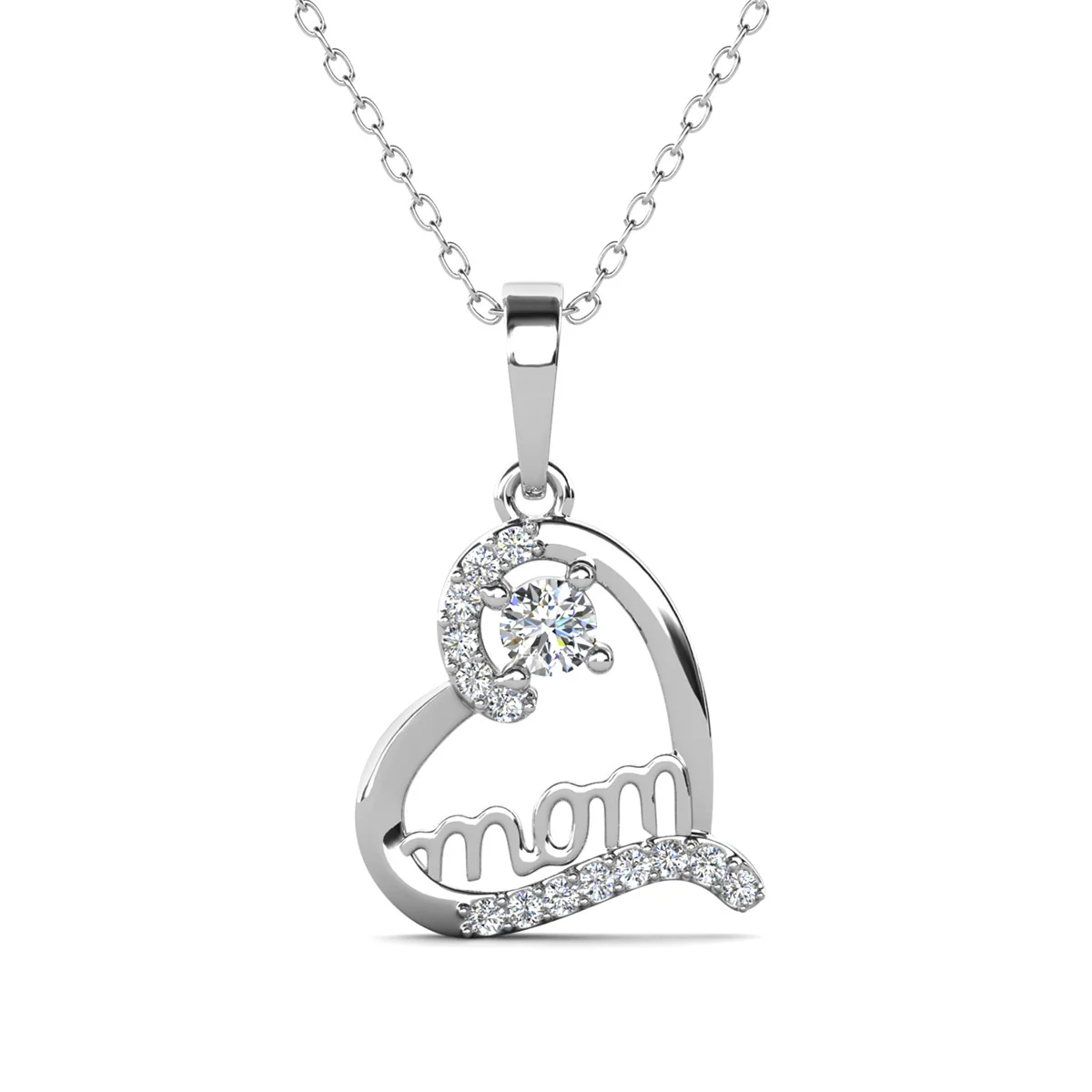 Thelma 18k White Gold Plated Mom Heart Necklace with Simulated Diamond Crystals