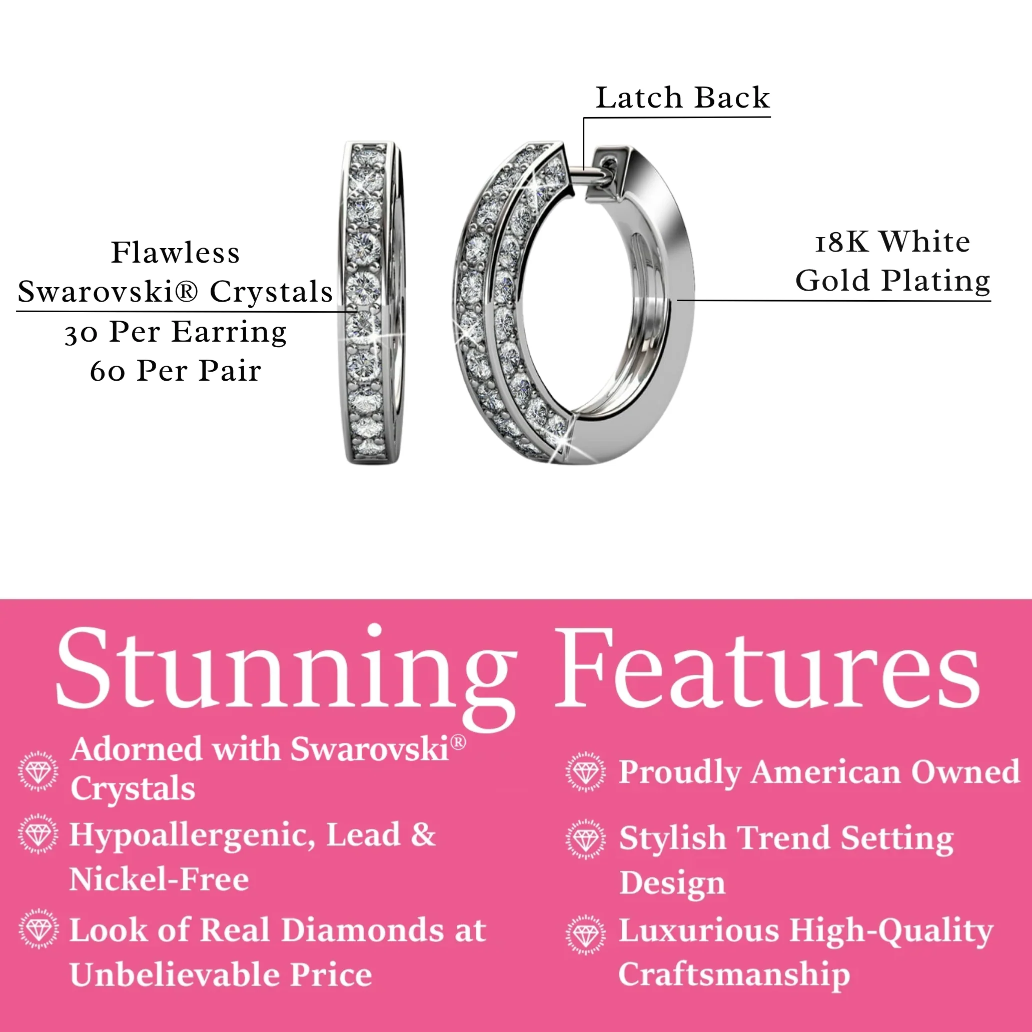 Viviana 18k White Gold Plated 17mm Hoop Earrings with Swarovski Crystals - Image 3